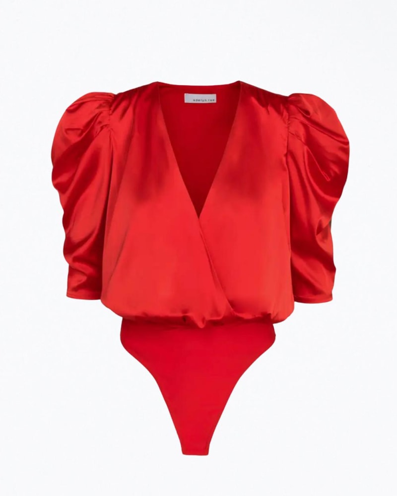 Front of a model wearing a size XL Lila Wrap-Effect Sateen Bodysuit in Chili Red in Chili Red by Adelyn Rae. | dia_product_style_image_id:346468